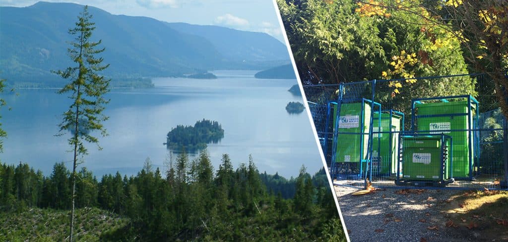 Power generators in the woods and the view over the lake photo collage