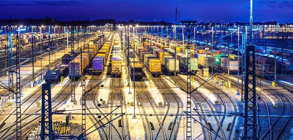 Rail yard at night