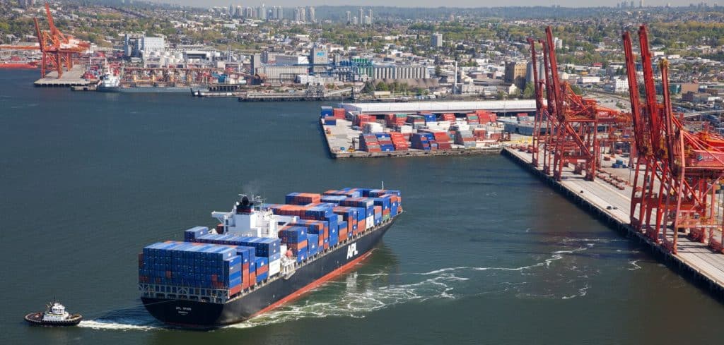Container ship pulling into port.