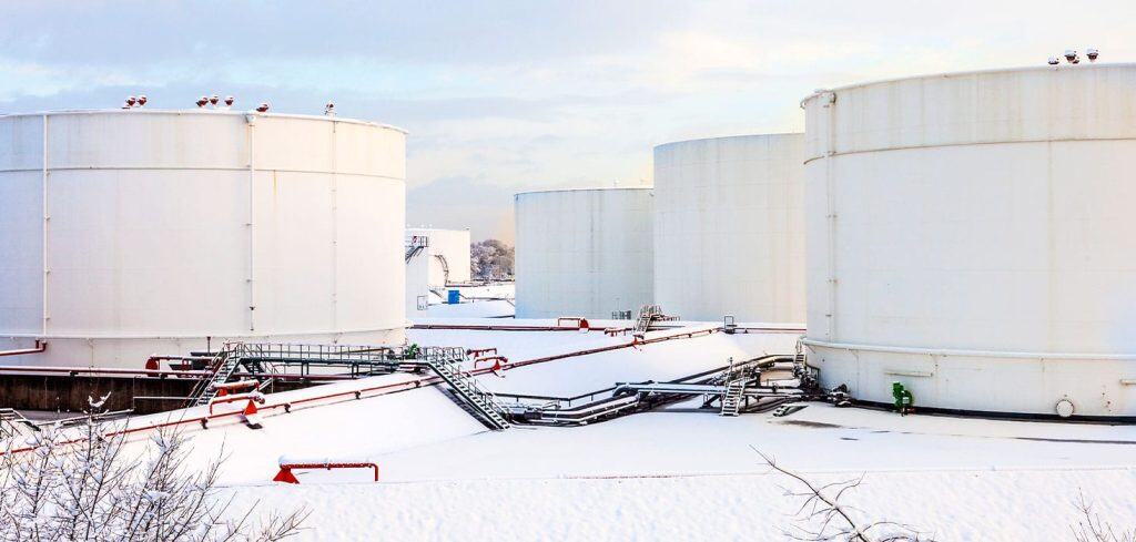 Crude oil storage tanks.